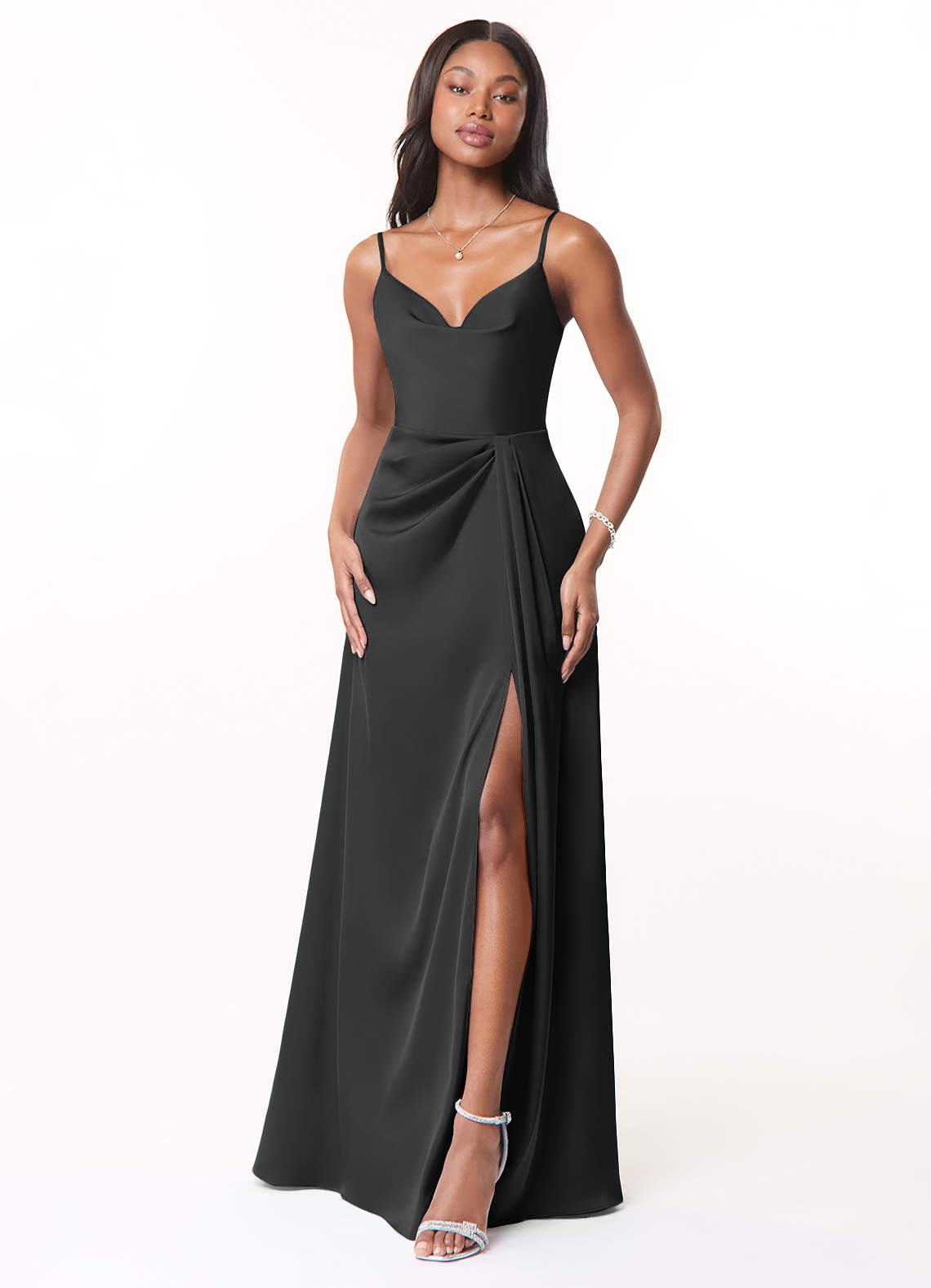 Azazie Brielle Brautjungfernkleider A-Linie Cowl-Spaghettiträger Stretch-Satin Kleid Schwarz image1