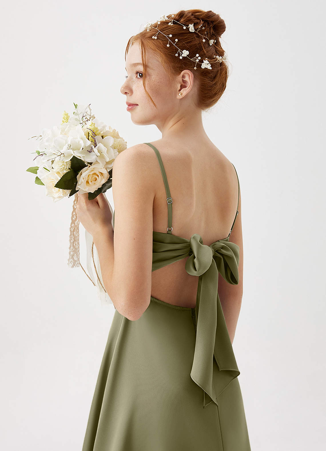Azazie Shale Junior Pistachio A-Line Stretch Satin Dress image1