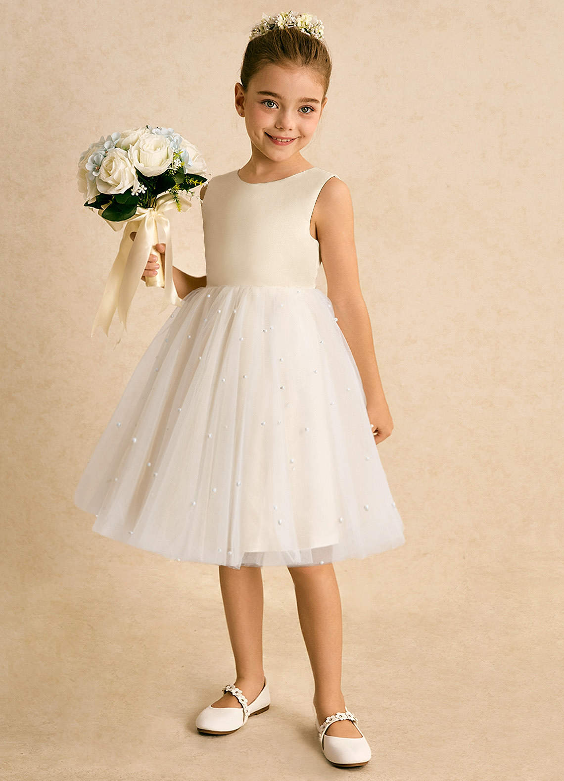 Azazie Esme Abiti da Ragazza di Fiori Abito Principessa in Tulle Fiocco Champagne image1