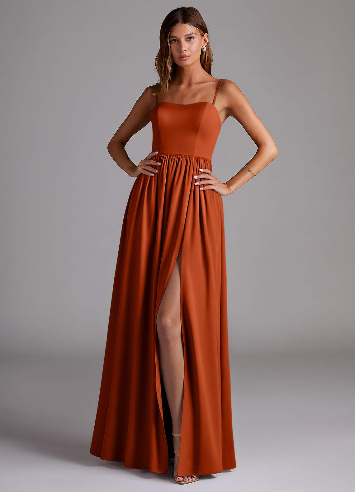 Azazie Calianna Bridesmaid Dresses Paprika A-Line Off the Shoulder Stretch Satin Convertible Dress image1