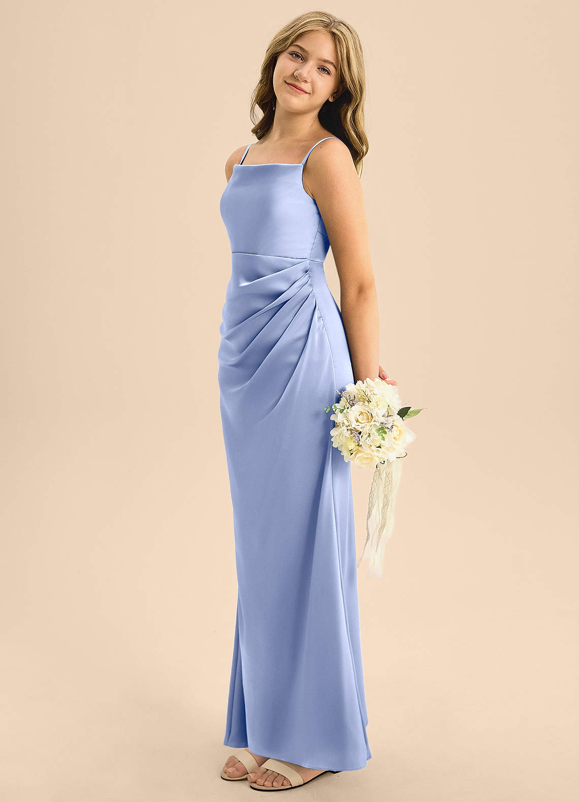 Azazie Renna Junior Ice A-Line Pleated Stretch Satin Dress image1