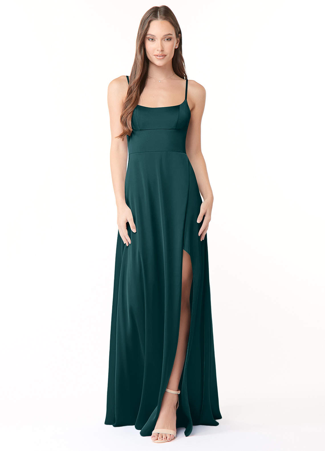 Azazie Halsey Vestidos de damas de honor Vestido de Pino de Satén Elástico de Corte Recto con Corte Lateral image1