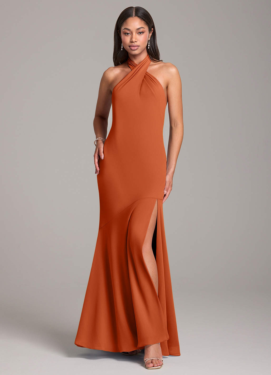 Azazie Lorena Bridesmaid Dresses Burnt Orange Mermaid Pleated Chiffon Dress image1