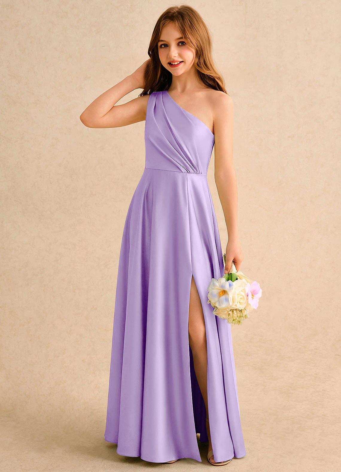 Azazie Puddles Girls Formal Robe Demoiselle D'honneur Fillette Robe Trapèze en Satin extensible Une épaule Lilas image2