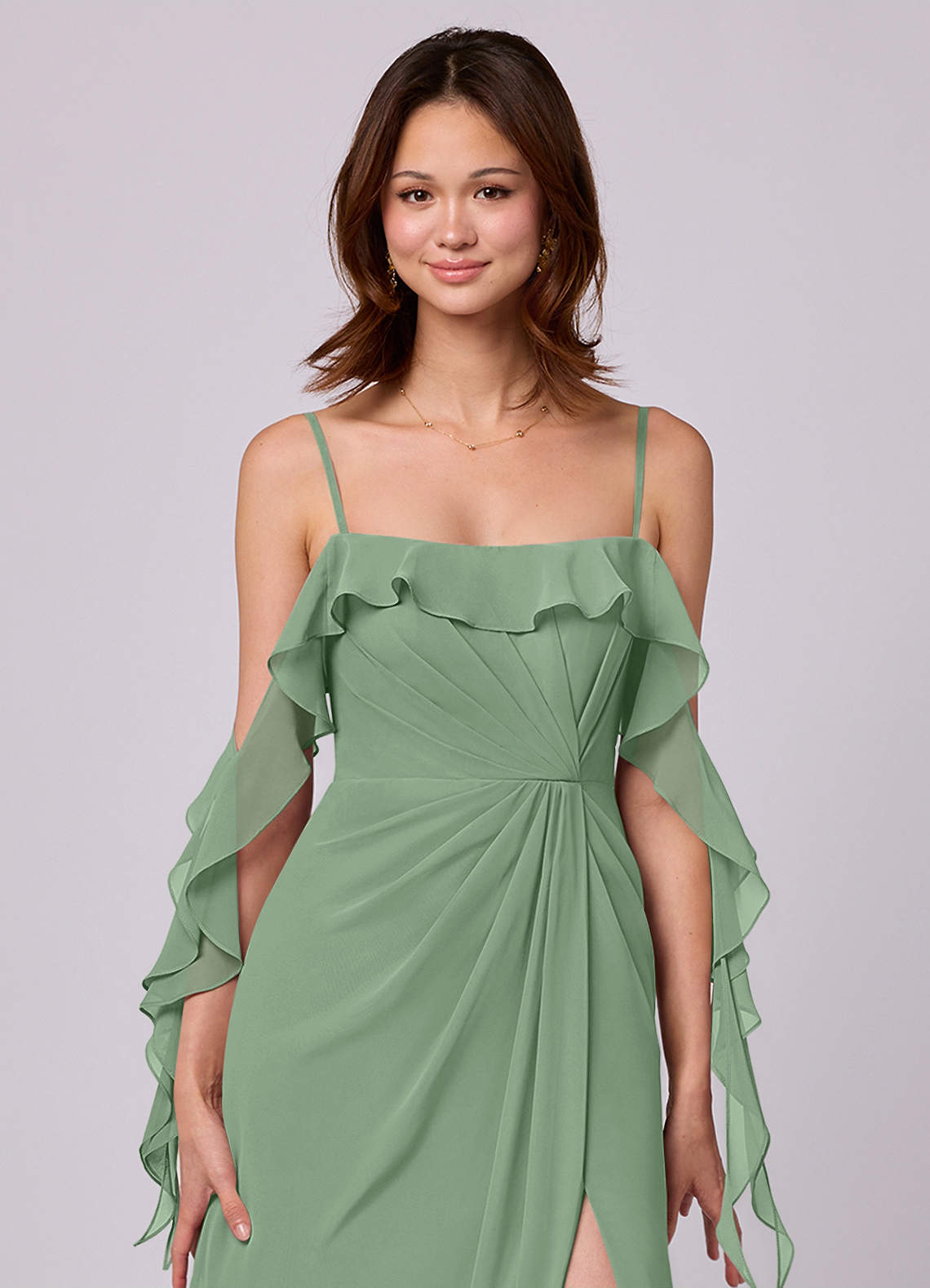 Barbie ♥ Azazie Bridesmaid Dresses Matcha A-Line Off the Shoulder Chiffon Convertible Dress image1