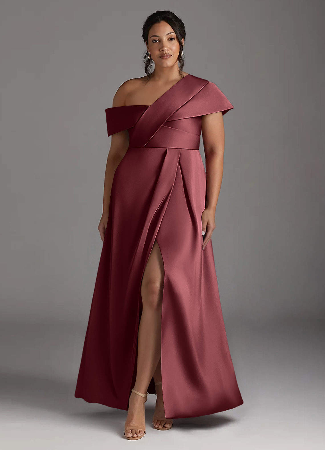 Azazie Milton Abiti per la Madre della Sposa Abito A-Line in Raso Elasticizzato Plissettato Merlot image1