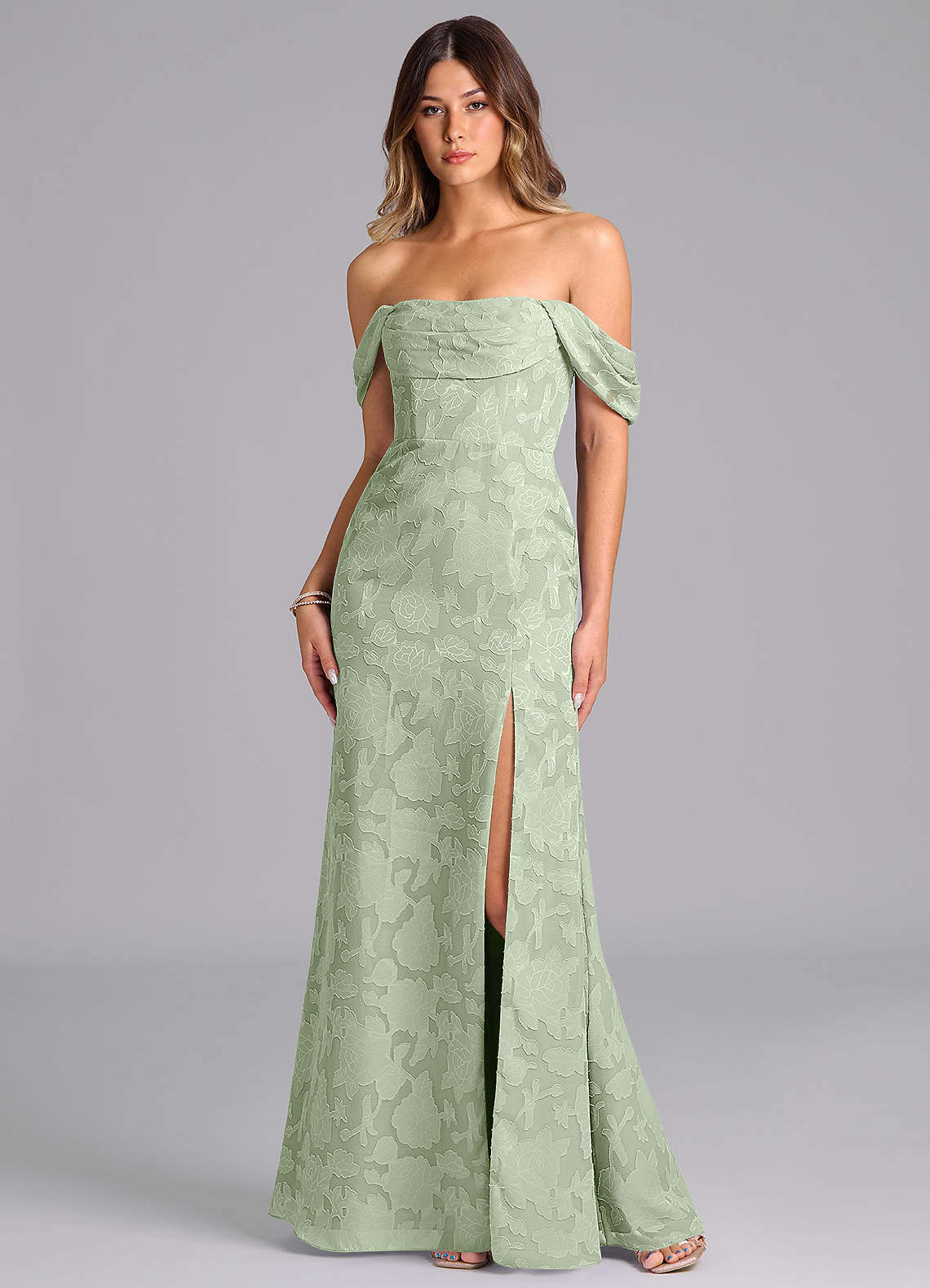 Azazie Saige Bridesmaid Dresses Dusty Sage A-Line Off the Shoulder Floral Burnout Convertible Dress image1