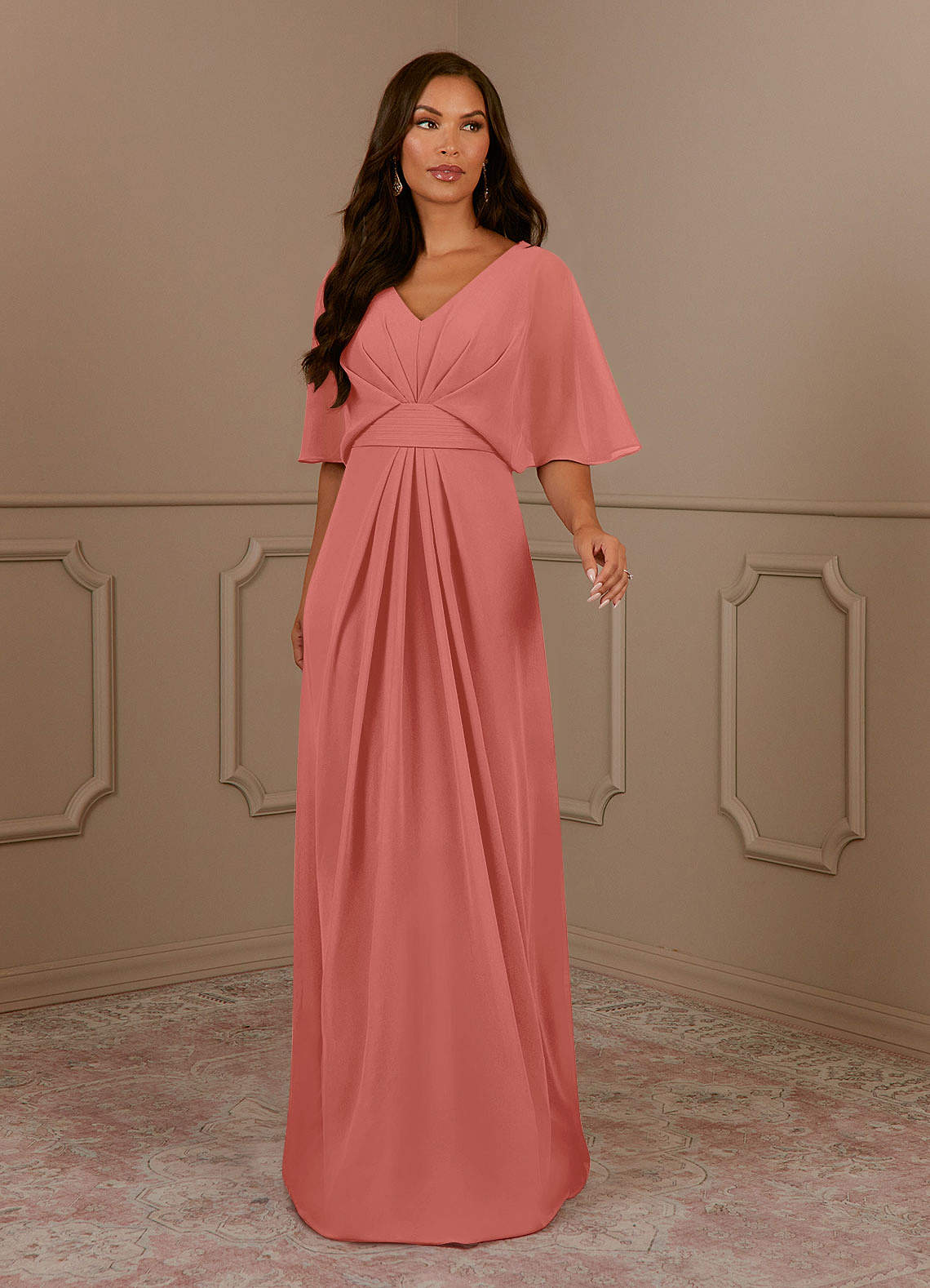Azazie Oksana Salmon Pink A-Line V-Neck Pleated Chiffon Dress | Azazie