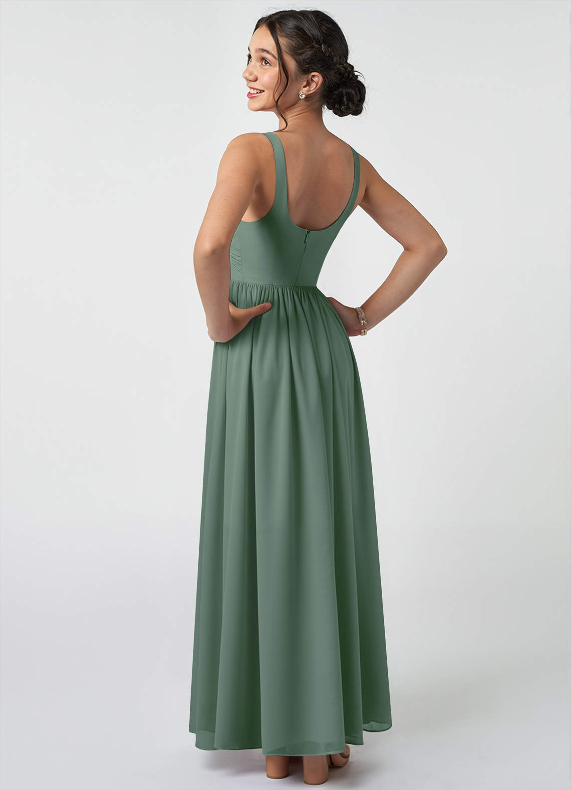 Azazie Keyla Junior Eucalyptus A-Line Pleated Chiffon Dress image3