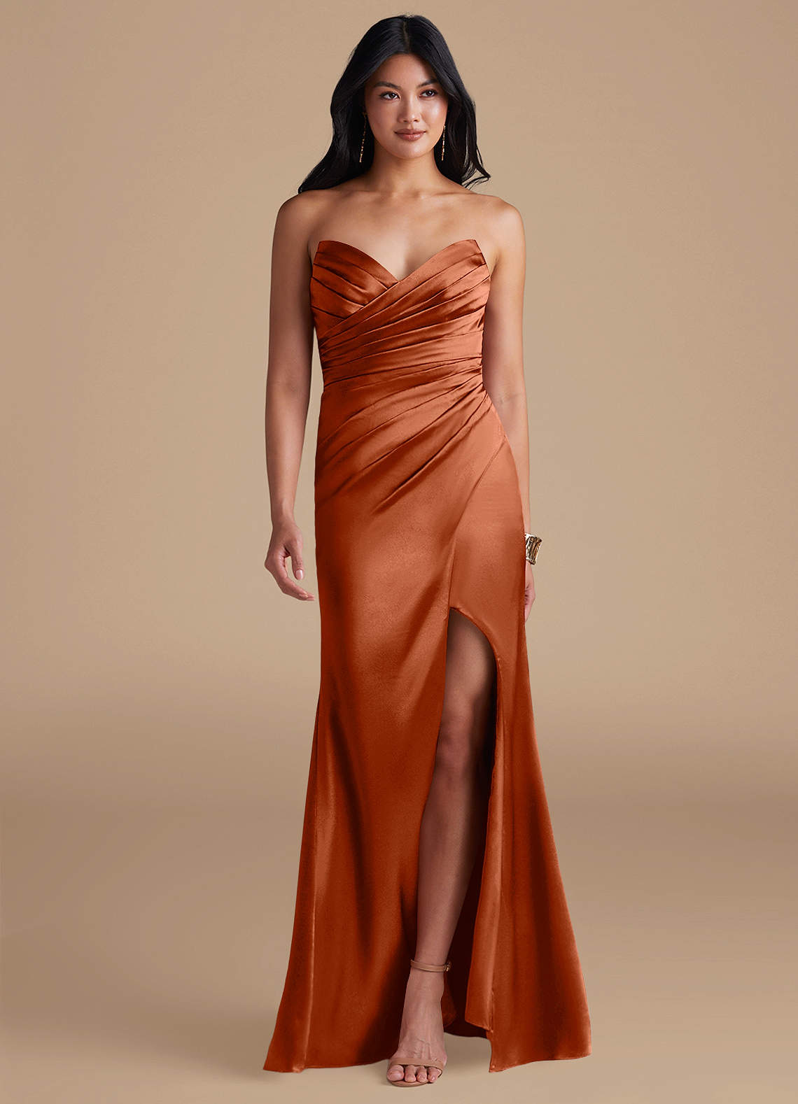 Azazie Yola Bridesmaid Dresses Auburn Sheath Pleated Metallic Satin Dress image1