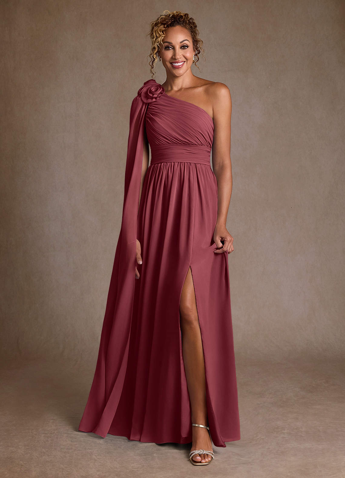 Azazie Lancaster Mother of the Bride Dresses Merlot A-Line One Shoulder Chiffon Dress image1