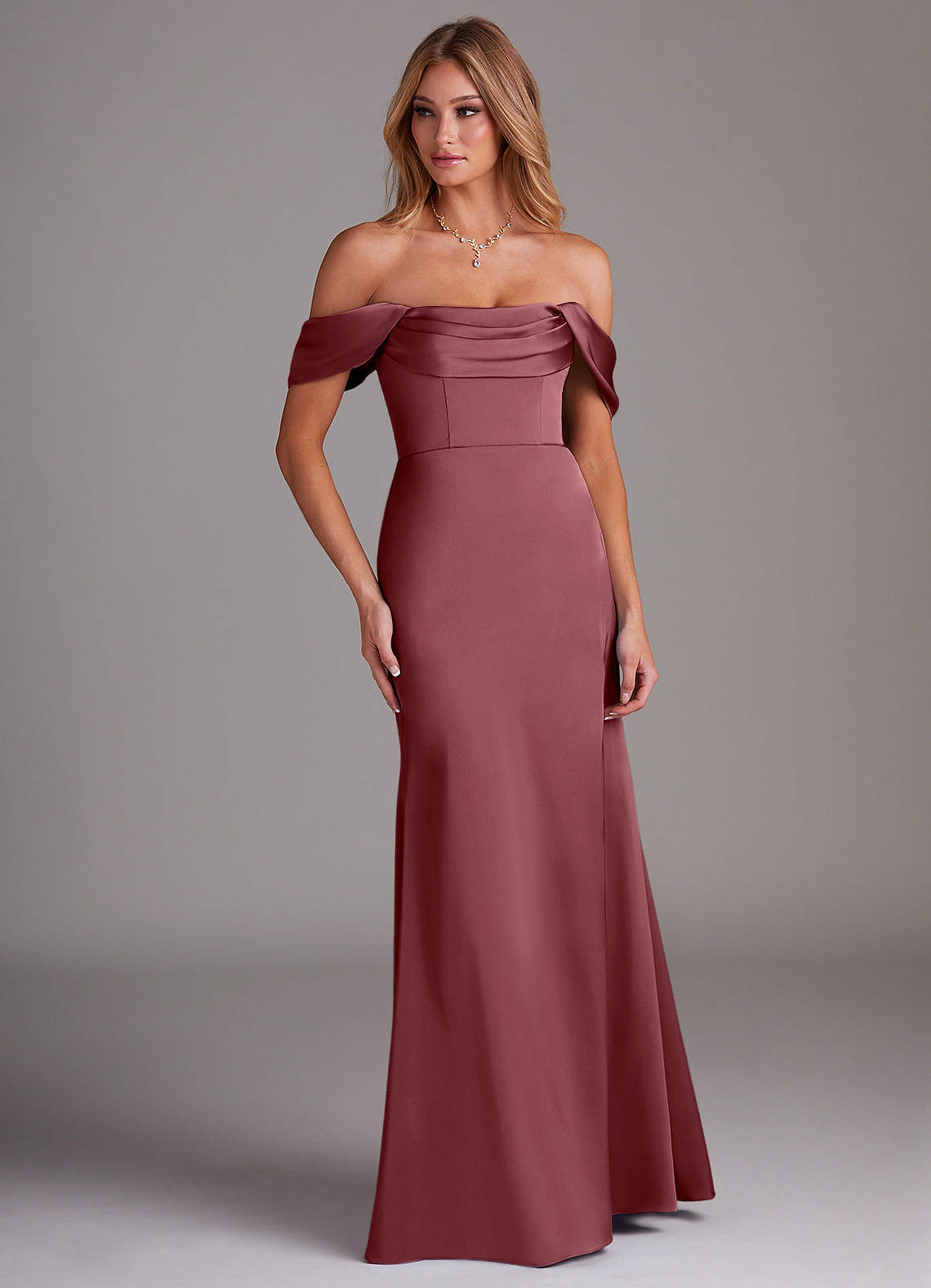 Azazie Saige Bridesmaid Dresses Desert Rose Sheath Off the Shoulder Stretch Satin Dress image3