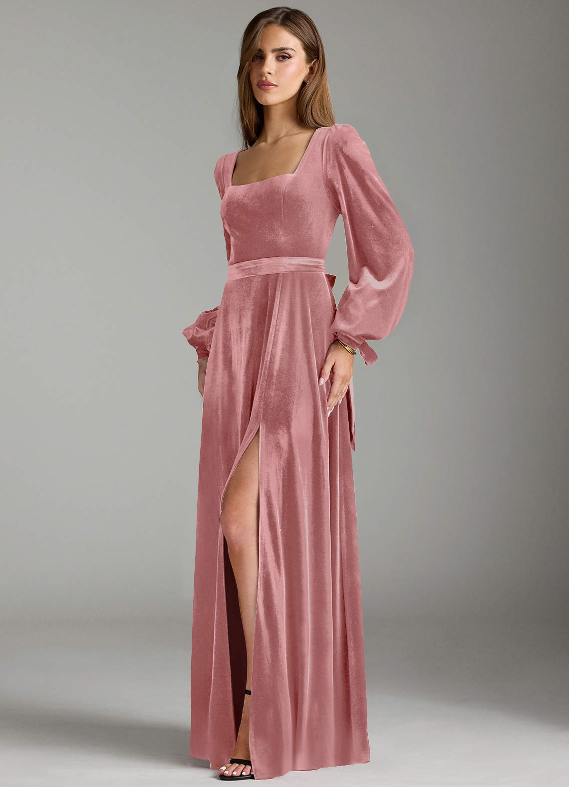 velvet pink bridesmaid dresses Azazie Leonia