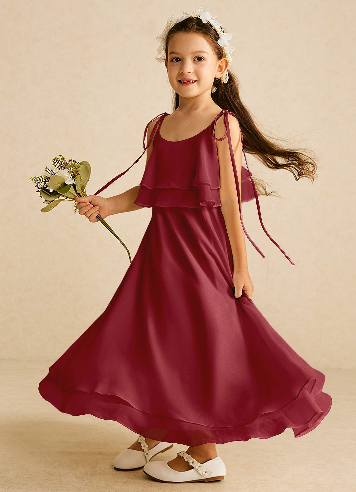 Azazie Temi Flower Girl Dresses Pomegranate A-Line Spaghetti Strap Chiffon Dress image1