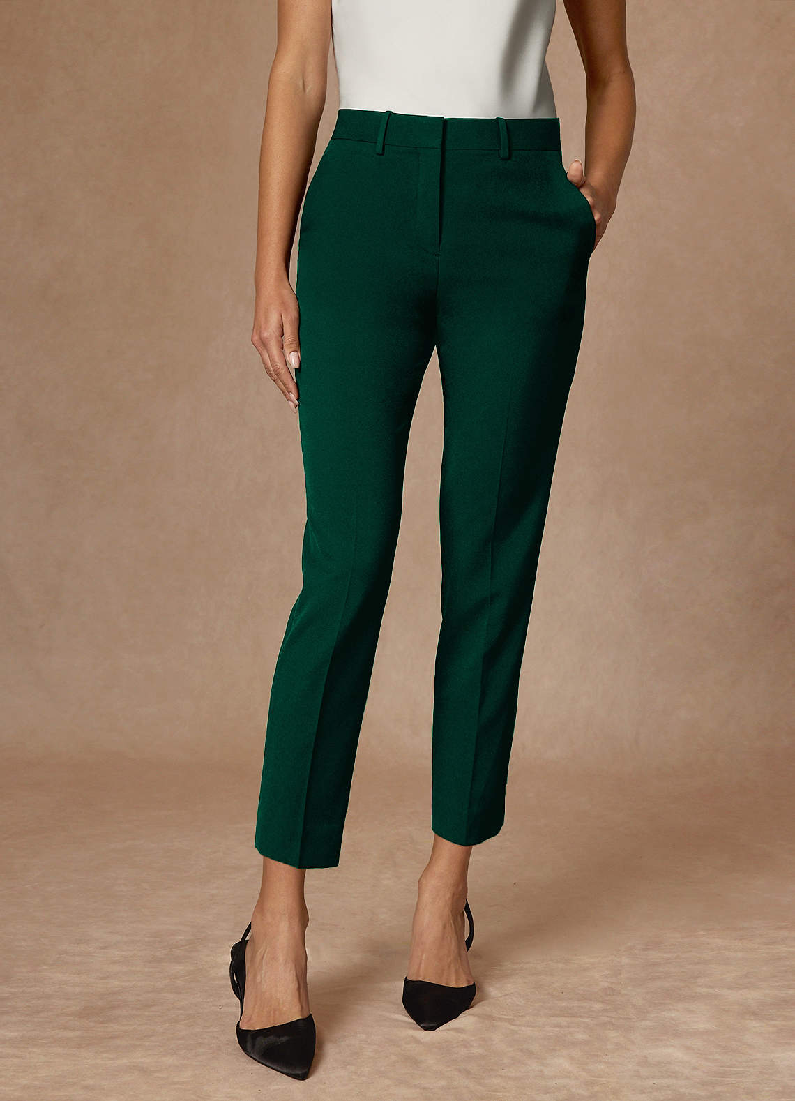front Whitney Emerald Structured Stretch Cropped Dress Pants