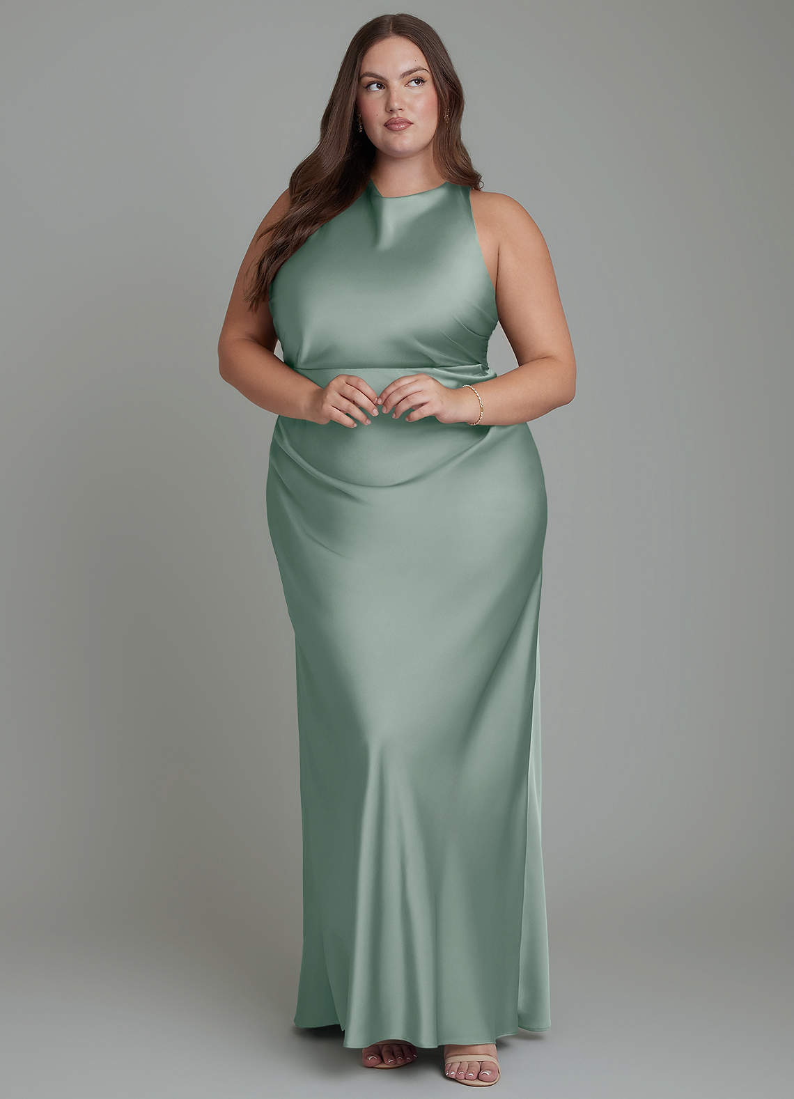 azazie silver bridesmaid dress Evadne our floor length stretch
