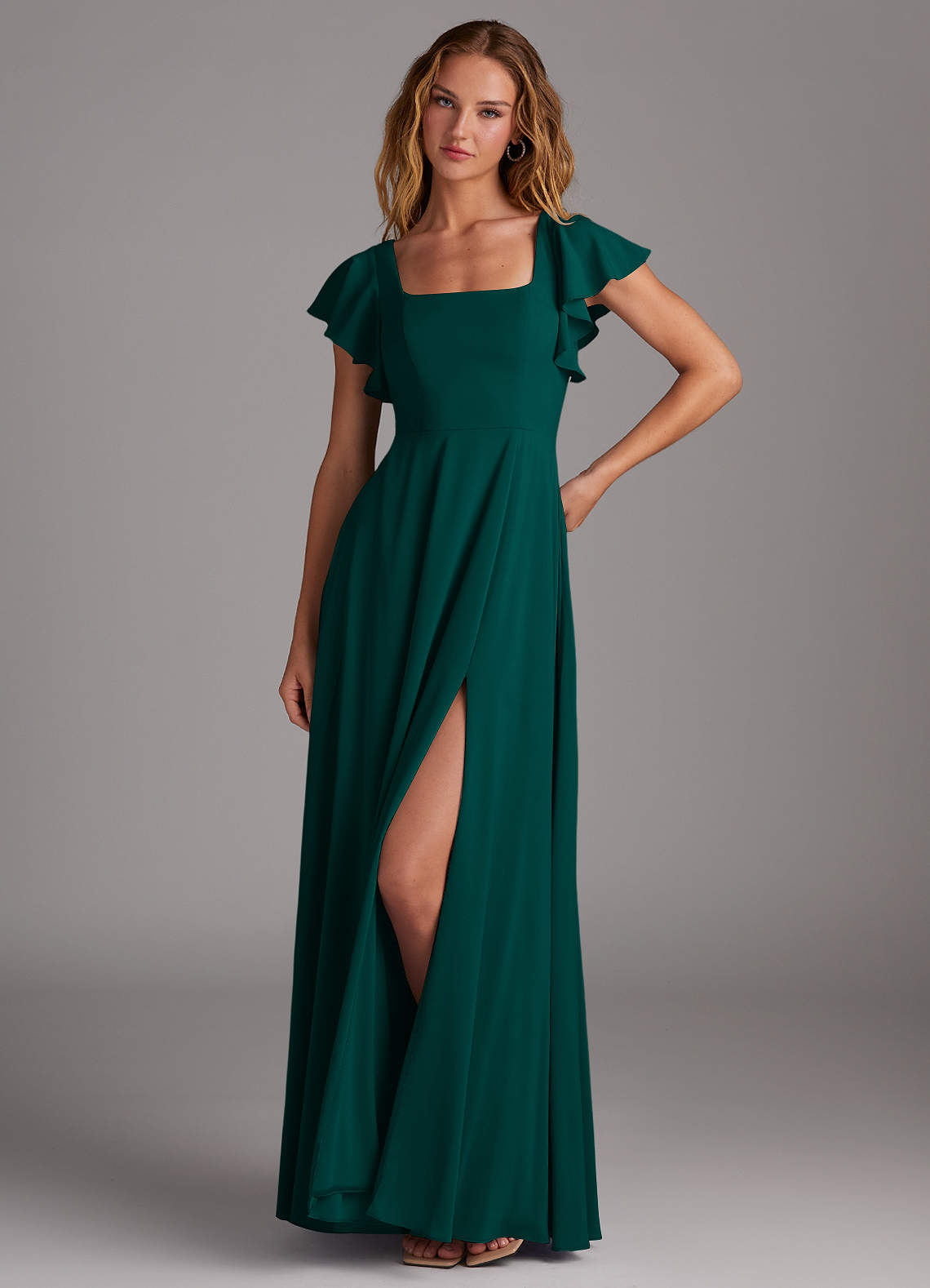 Azazie Bondi Bridesmaid Dresses Pine A-Line Side Slit Stretch Chiffon Dress image1