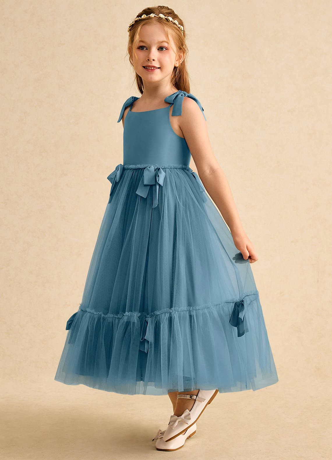 Azazie Jaci Blumenmädchenkleider A-Linie Spaghetti Riemen Chiffon Kleid Bermudablau image1