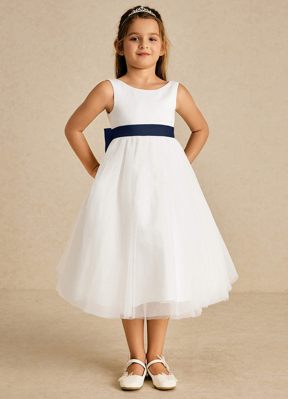 Azazie Kavi Flower Girl Dresses Ivory Dark Navy A-Line Bow Matte Satin Dress image1