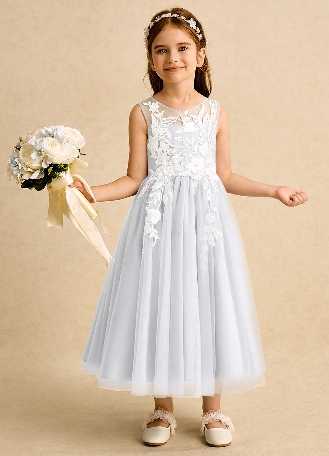 Azazie Sundae vestidos de niña de las flores Vestido de Blanco de Encaje de Princesa image1