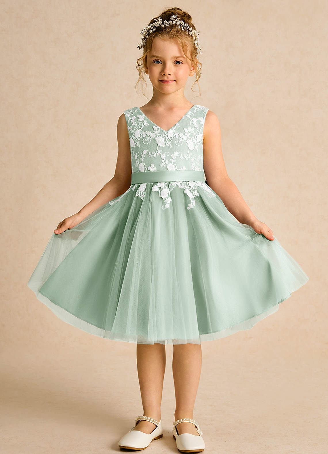 Azazie Butterfly Flower Girl Dresses Agave A-Line Lace Dress image1