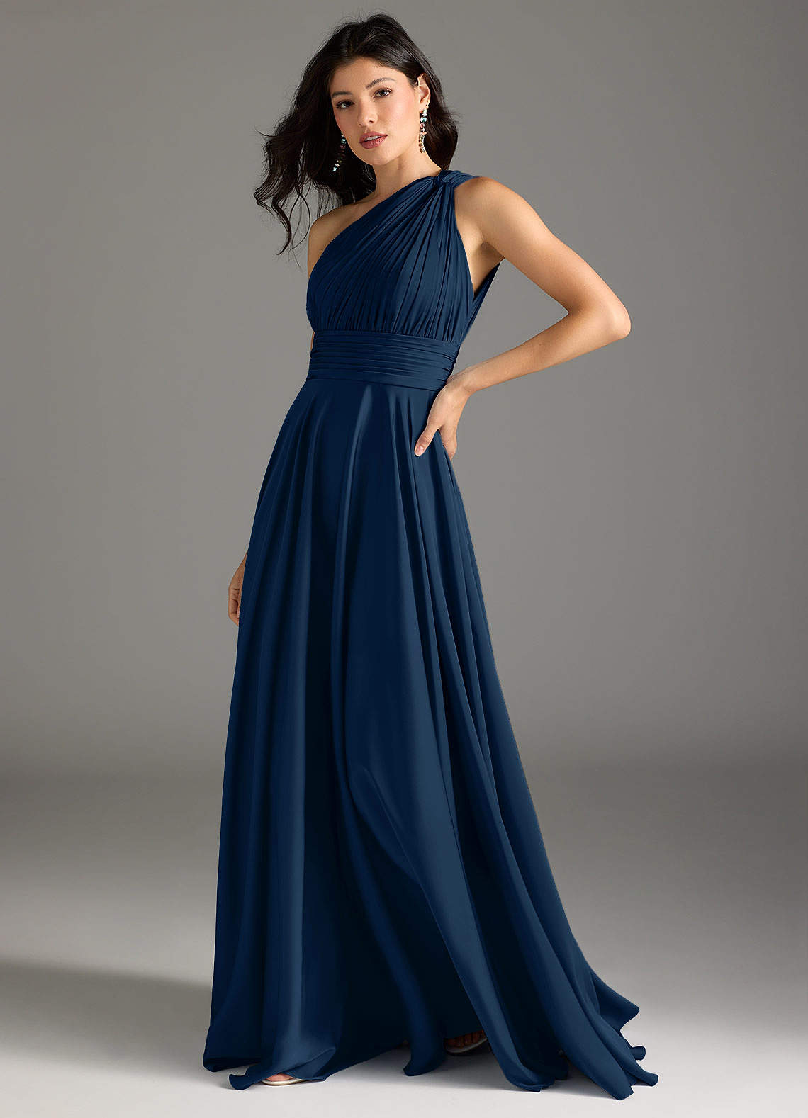 Azazie Charlize Bridesmaid Dresses Dark Navy A-Line One Shoulder Stretch Satin Dress image3