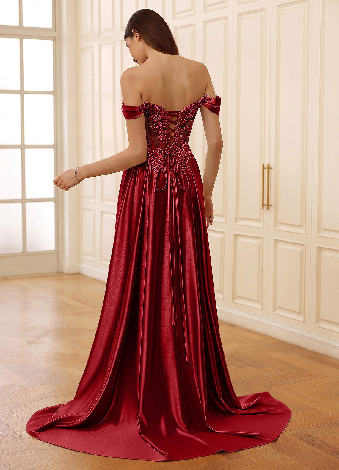 open lace back dress Tina Holly Couture TW024 Red Corset Lace Glitter Mermaid Formal Dress