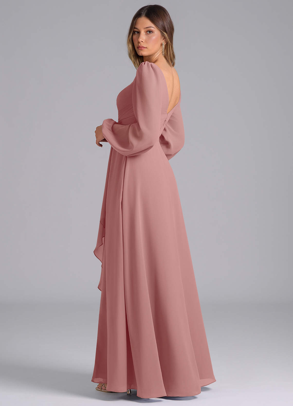 Azazie A-Line V-Neck Long Sleeve Floor-Length Chiffon Bridesmaid Dresses - Dusty Rose Azazie A-Line V-Neck Long Sleeve Floor-Length Chiffon Bridesmaid Dresses - Dusty Rose