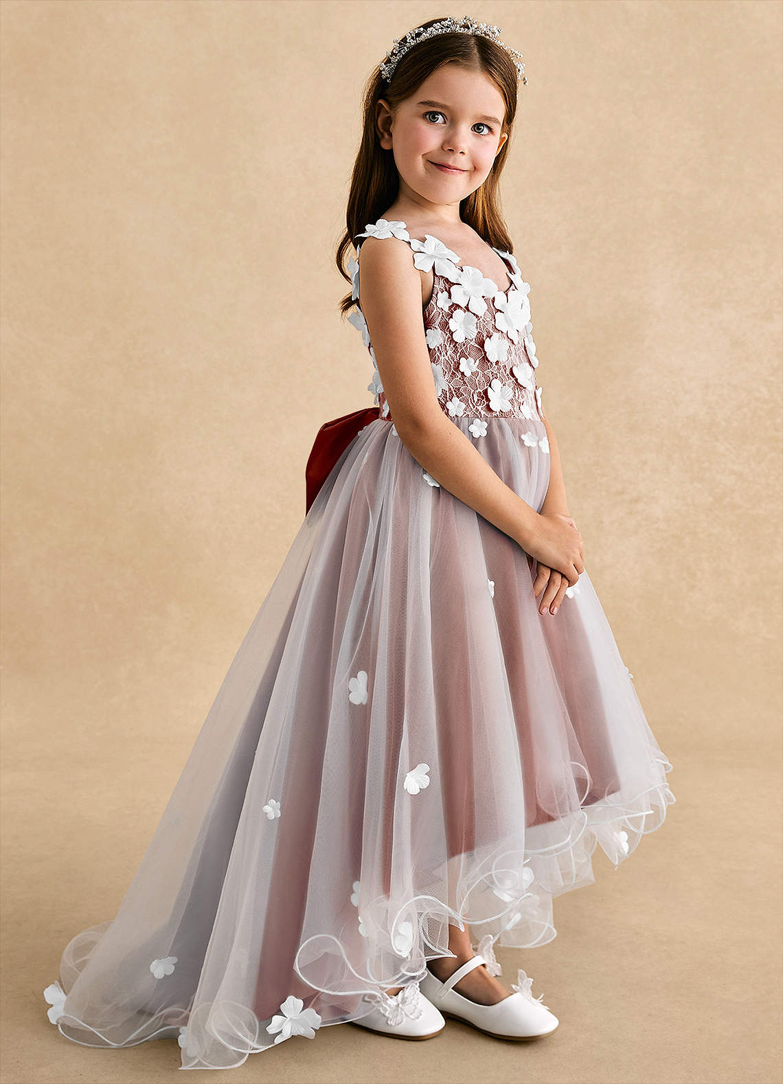 Azazie Celia Kukkatyttöjen mekot A-linja Pitsi Tylli Epäsymmetrinen Pukeutua image2