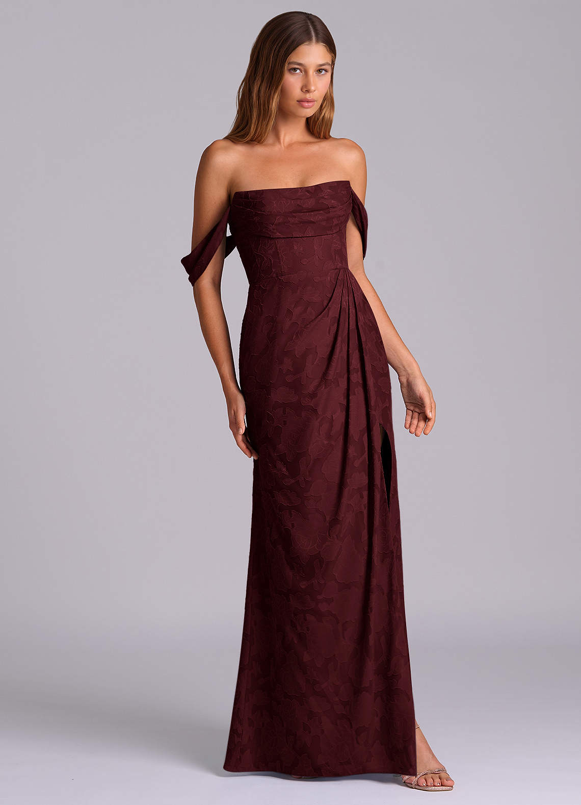 Azazie Johana Bridesmaid Dresses Cabernet Mermaid Off the Shoulder Floral Burnout Convertible Dress image4