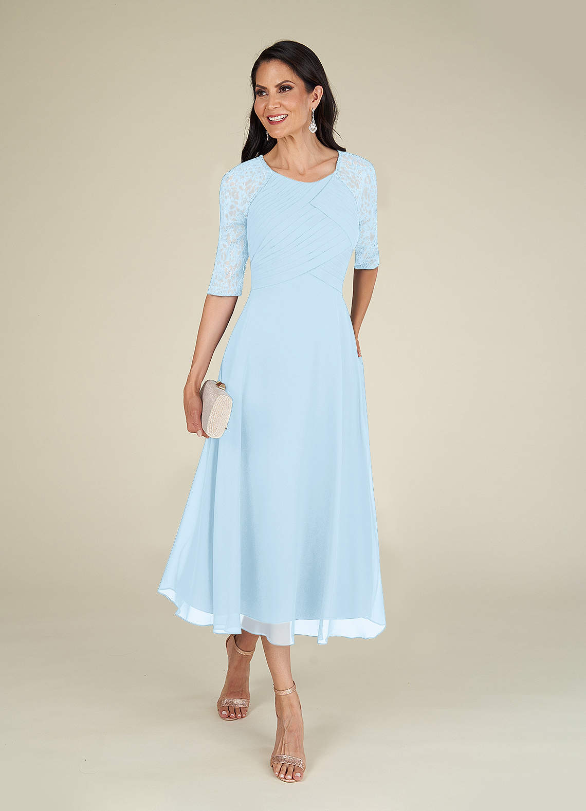 Sky Blue Azazie Dorothea A-Line Scoop lace Chiffon Tea-Length Dress ...