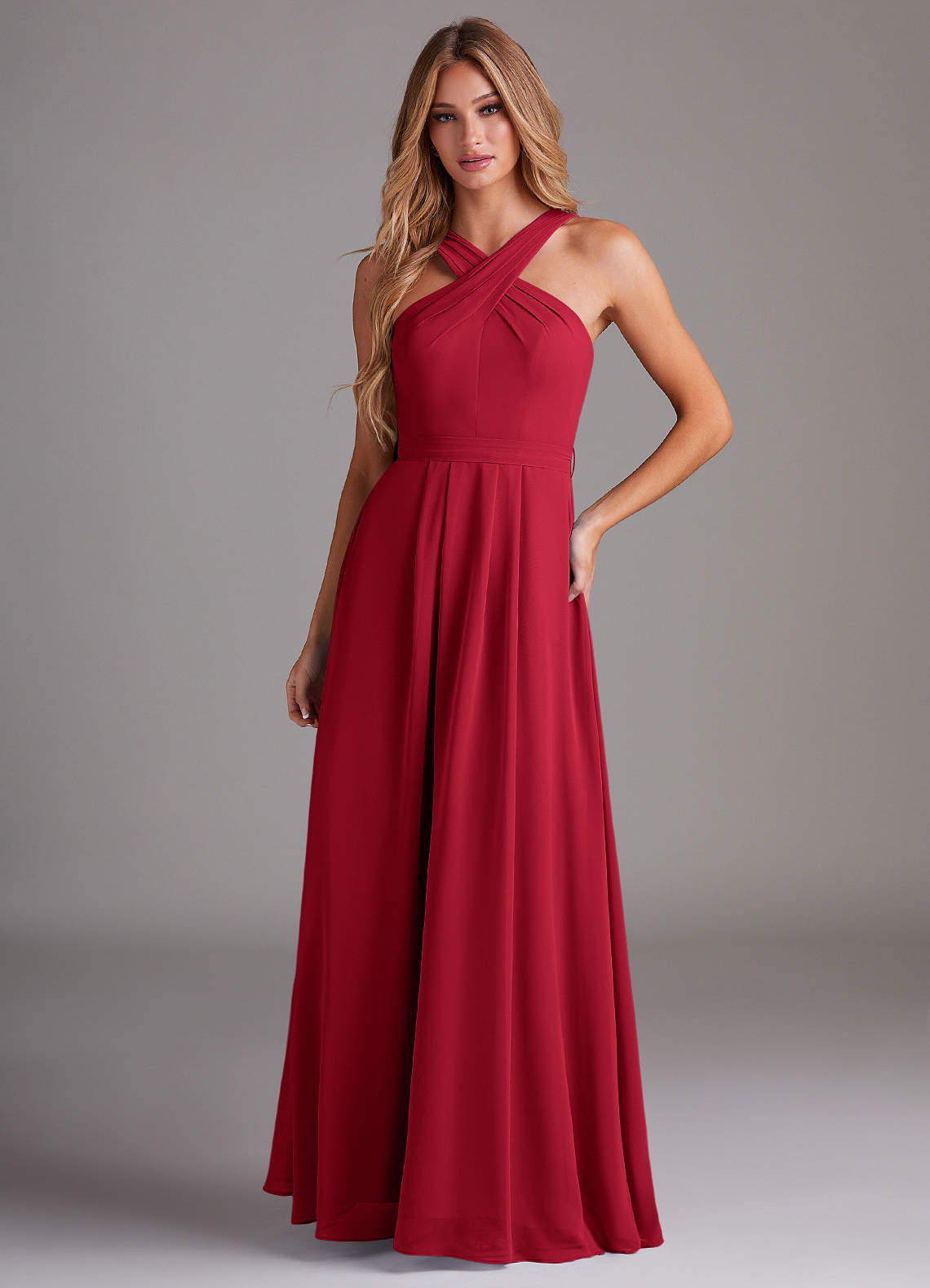 Azazie Dixie Vestidos de damas de honor Vestido de Escarlata de Gasa de Corte en A con Halter Plisado image1