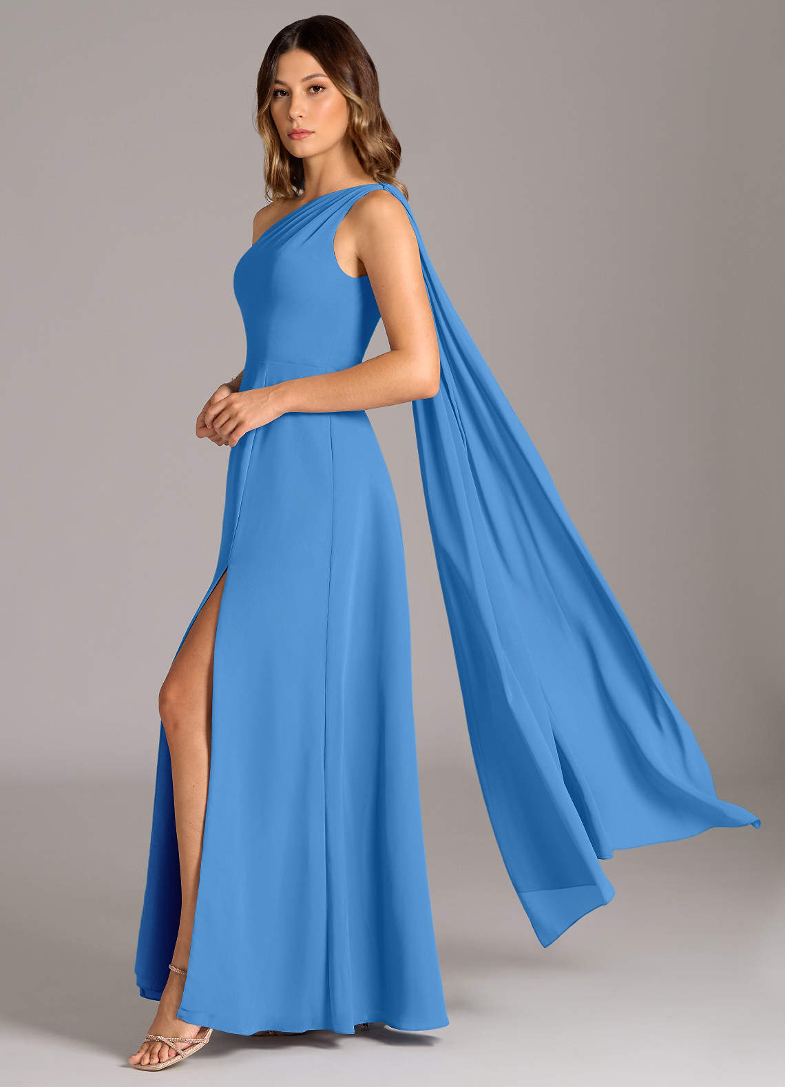 blue jay bridesmaid dresses Blue Jay A-line V Neck Chiffon Pleated Long Bridesmaid Dress Blue Jay / US 8