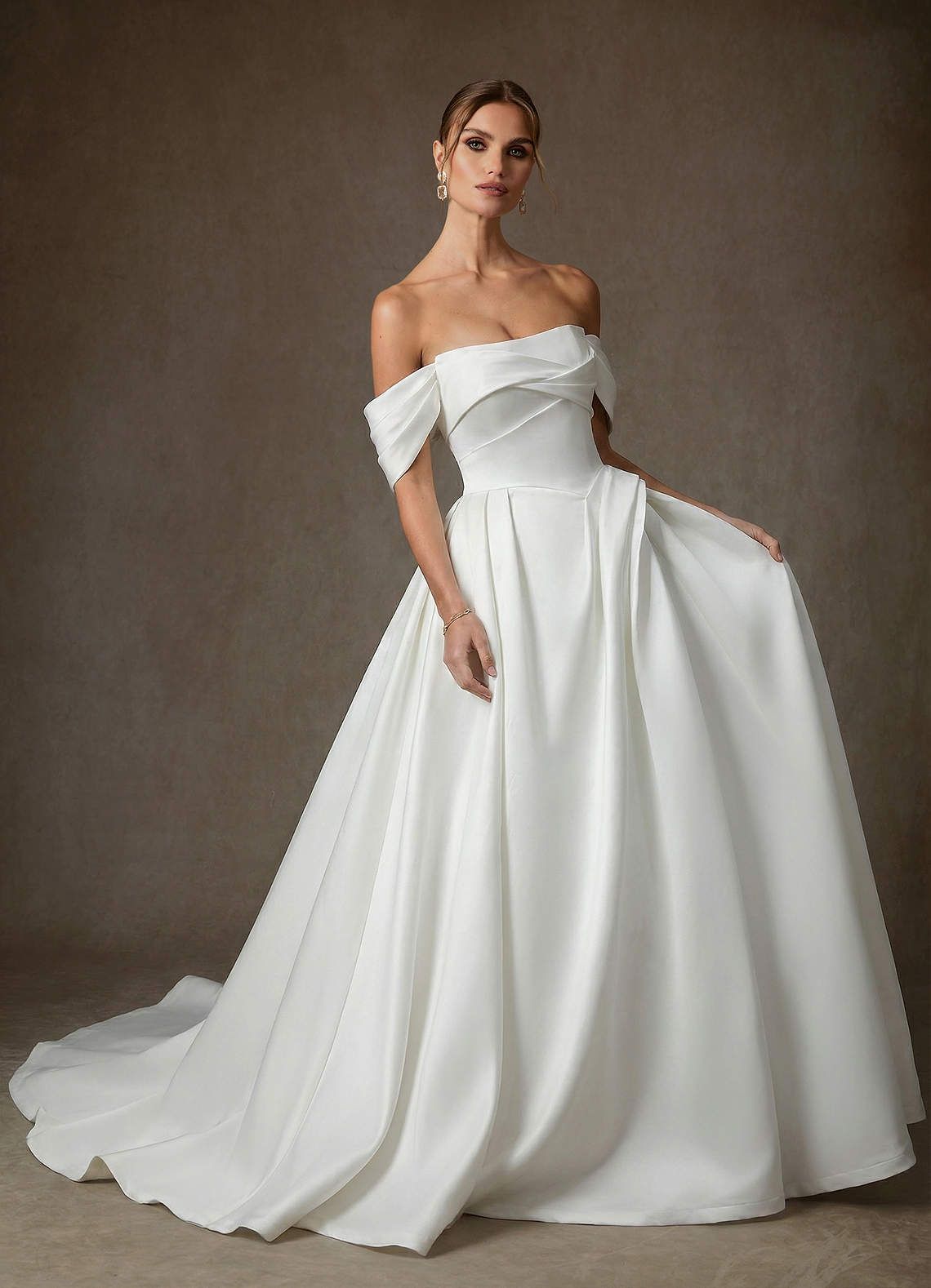 Azazie Suki Diamond White Ball-Gown Off the Shoulder Satin Dress