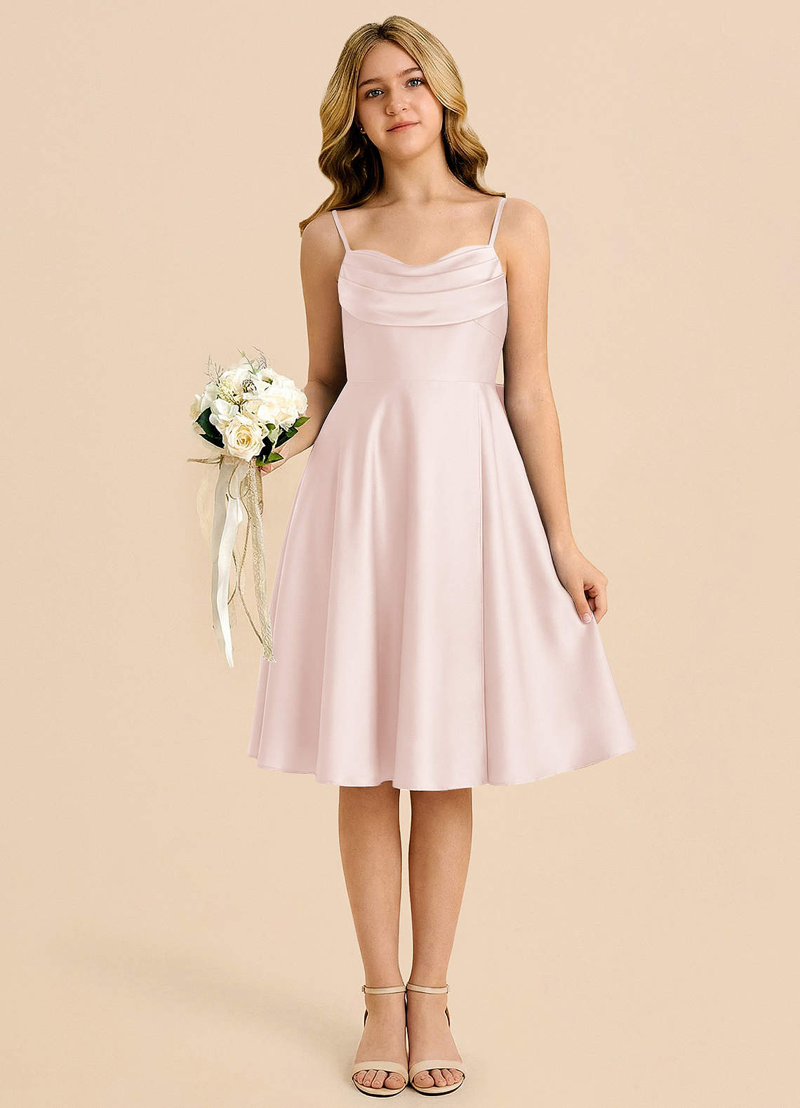 Azazie Bear Junior Blushing Pink A-Line Sweetheart Neckline Stretch Satin Dress image5