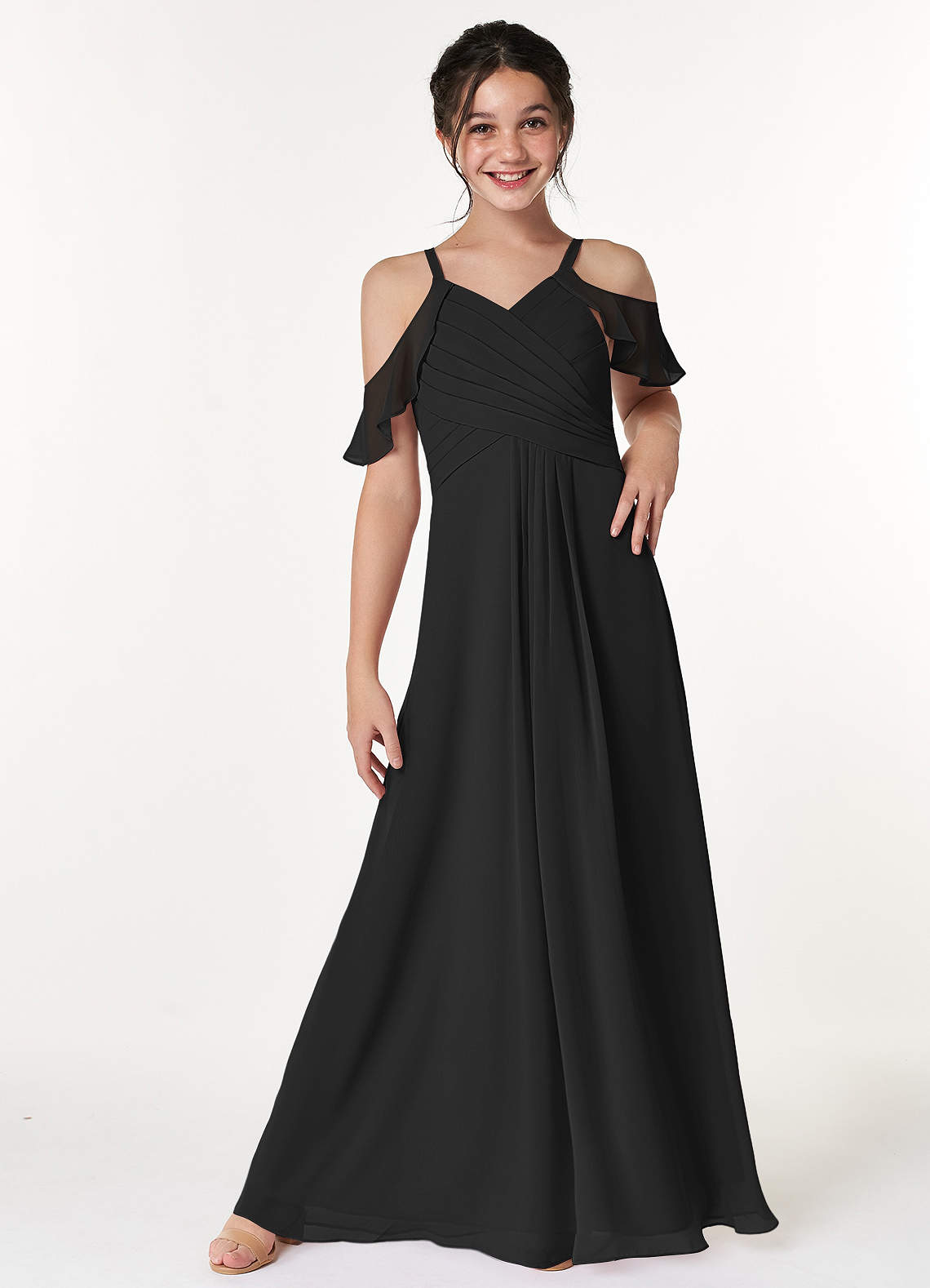 Azazie Dakota Junior Jurk van Chiffon met A-Lijn Off the Shoulder Zwart image1