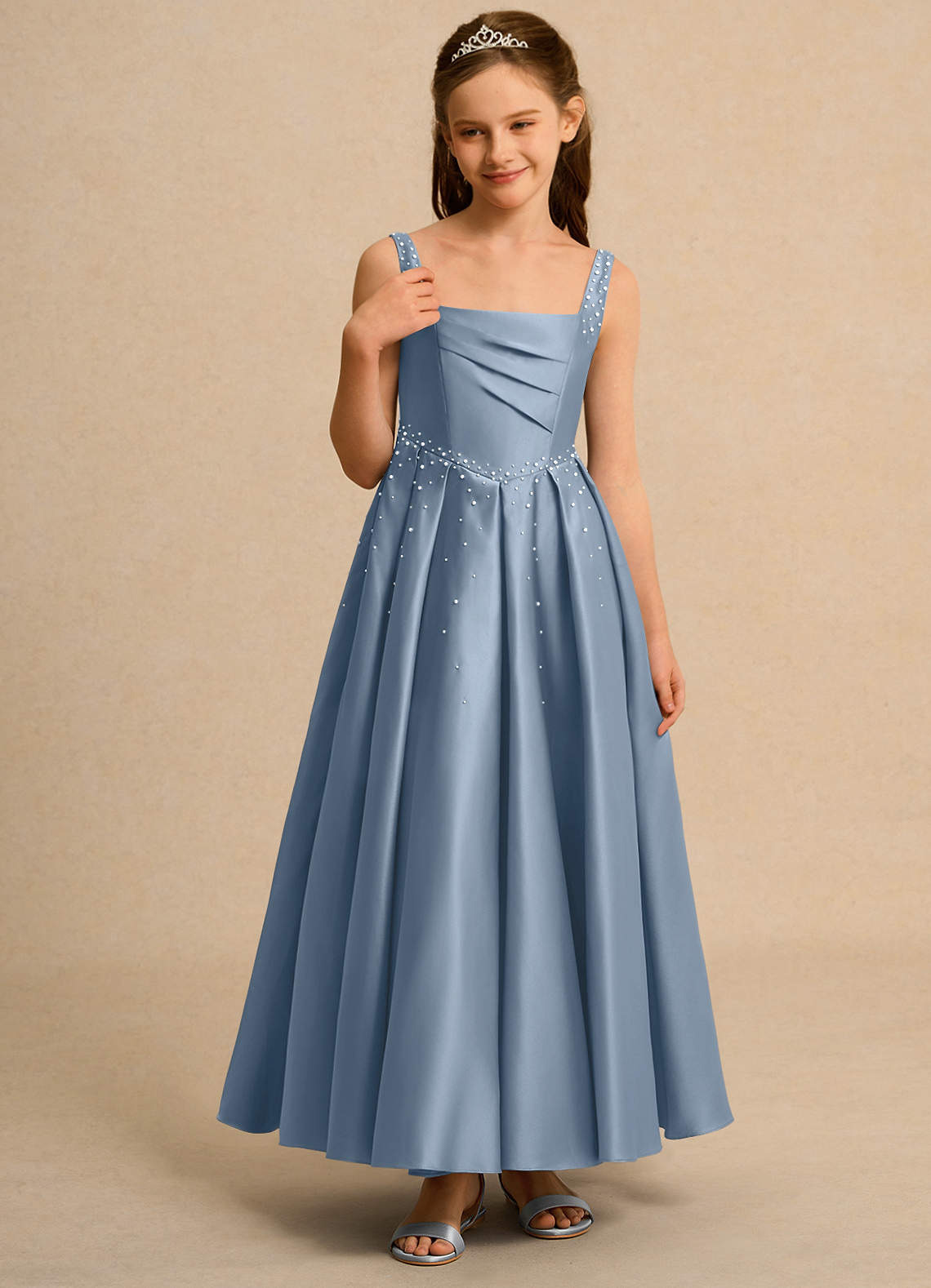 Azazie Mochi Girl Junior Formal Flower Girl Dresses Dusty Blue Ball-Gown Pleated Matte Satin Dress image4