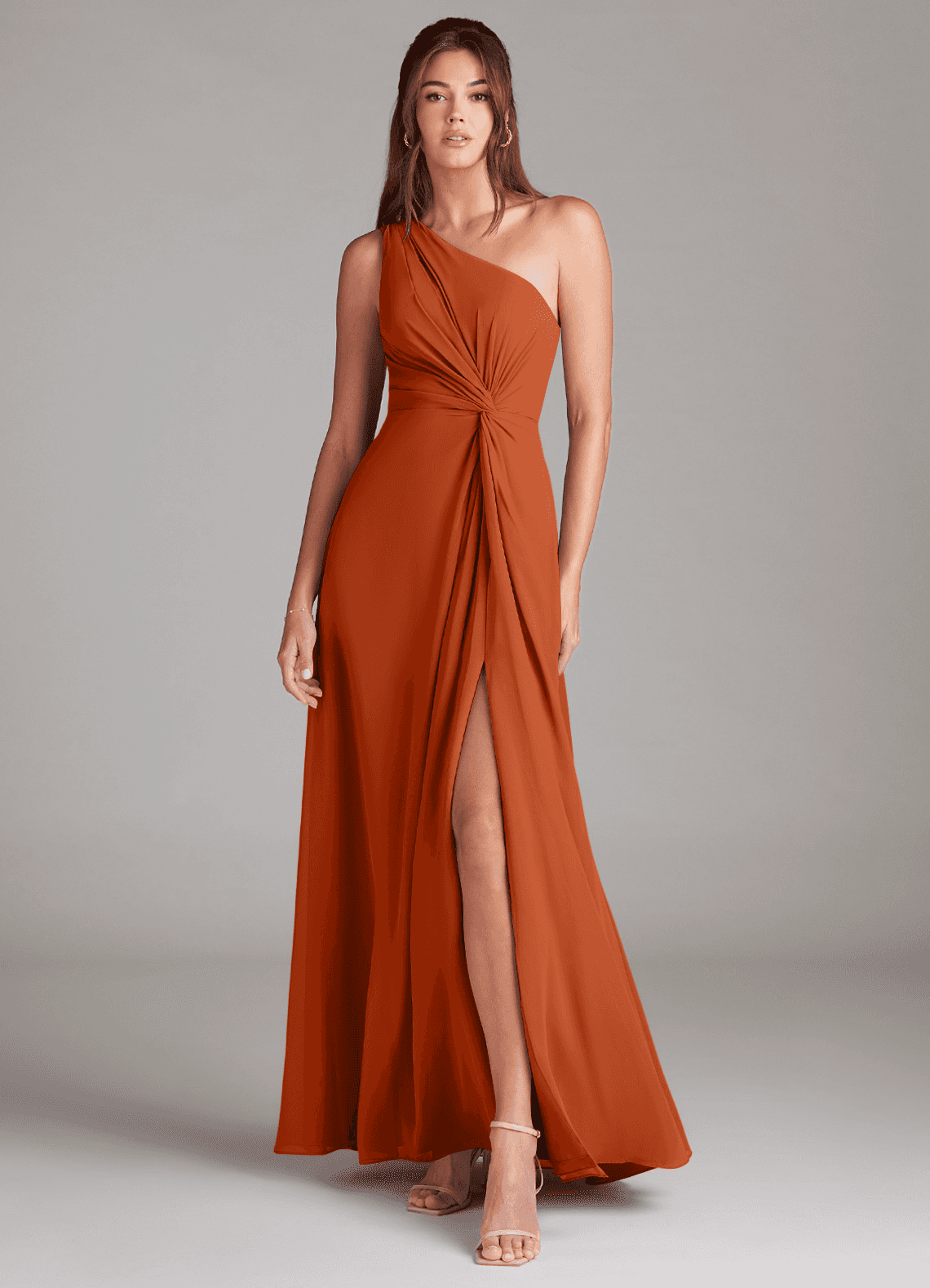 Azazie Brooke Vestidos de damas de honor Vestido de Naranja Quemada de Gasa de Corte en A con Hombro unilateral image1