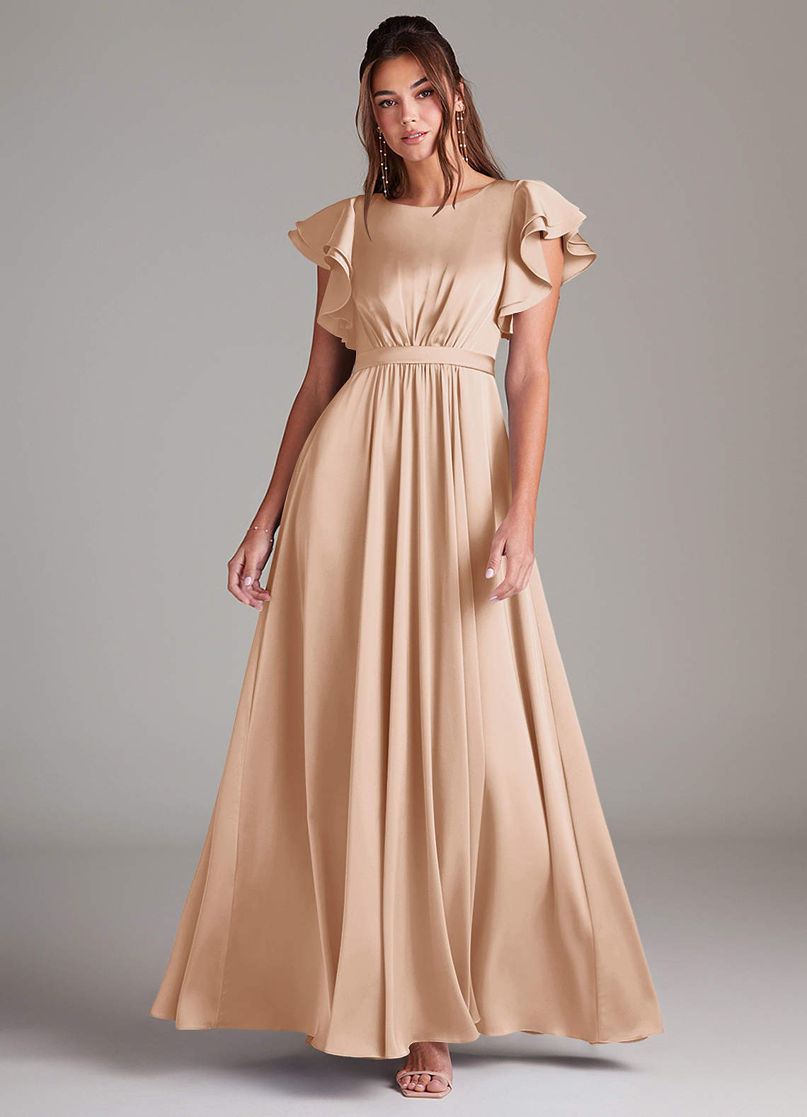 Azazie Daphne Modest Bridesmaid Dresses A-Line Ruched Stretch Satin Floor-Length Dress image1