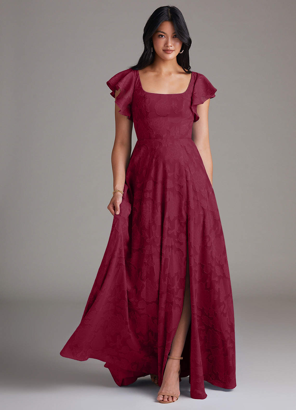 Azazie Bondi Bridesmaid Dresses Burgundy A-Line Side Slit Floral Burnout Dress image1