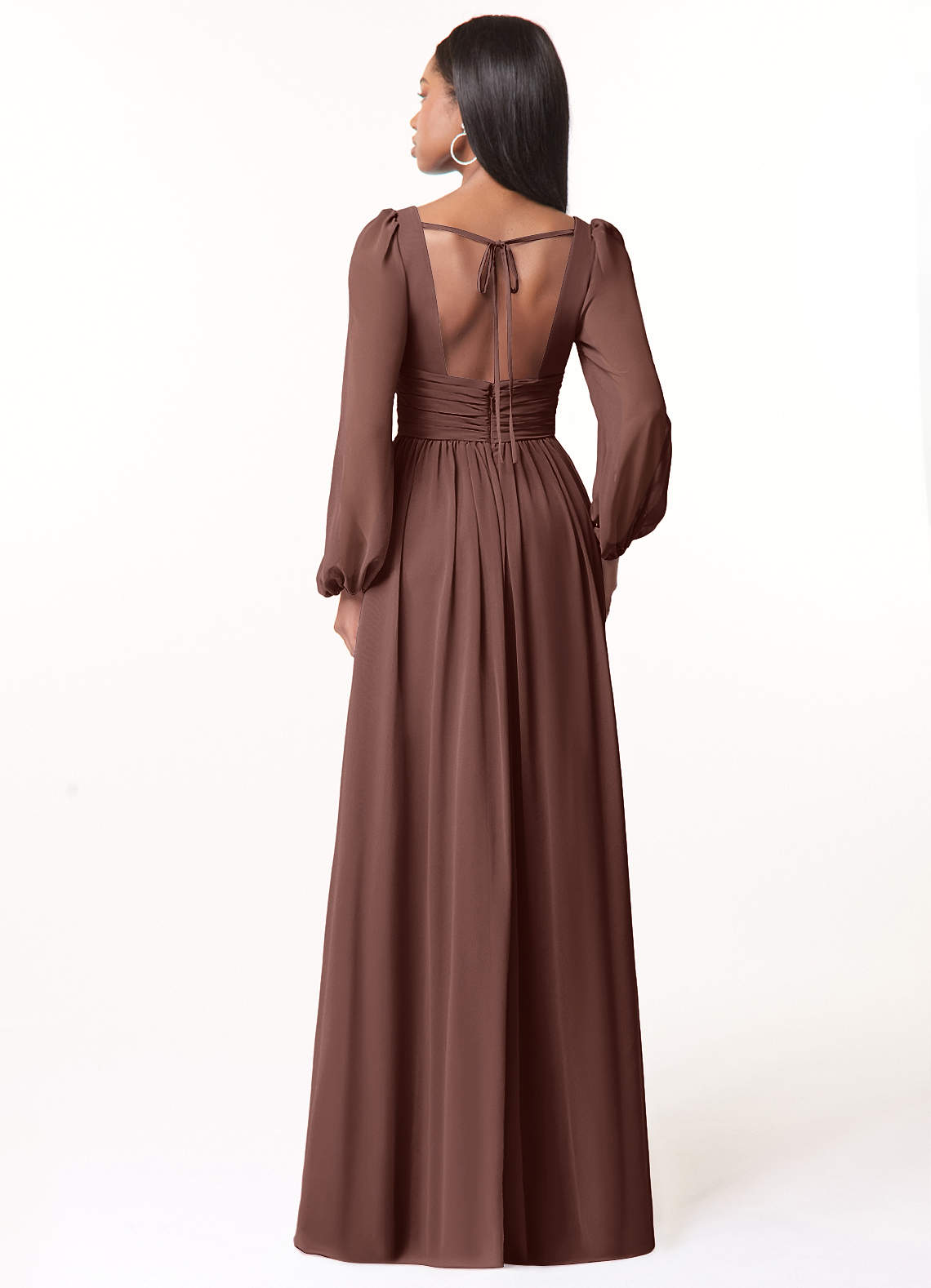 Azazie Norah Vestidos de madrinha de casamento Vestido Café Expresso de Chiffon de Linha A com Manga comprida image1