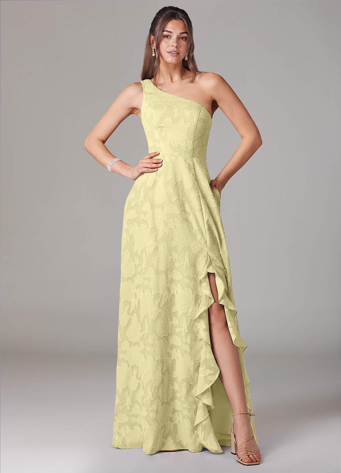 Azazie Ellianna At-home Try On Dresses Agave A-Line One Shoulder Floral Burnout Dress image1