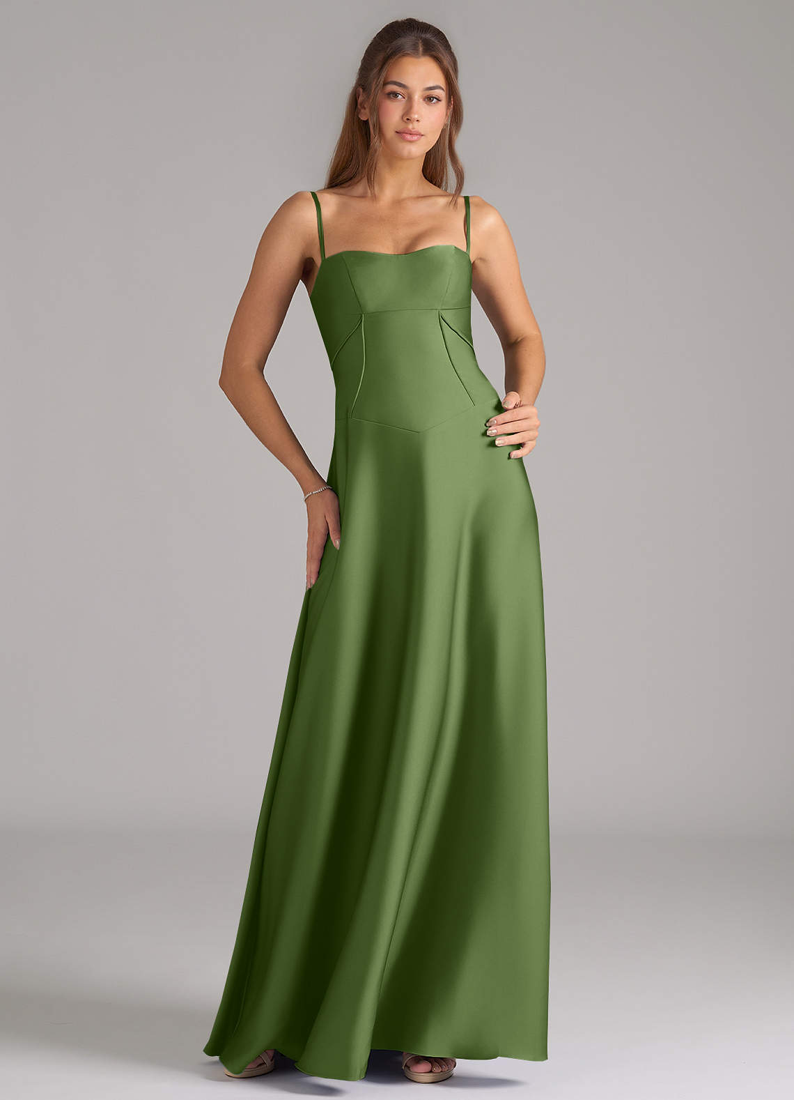 Azazie Valentine Robes de demoiselle d'honneur Robe Trapèze en Satin extensible Corset Genévrier image1