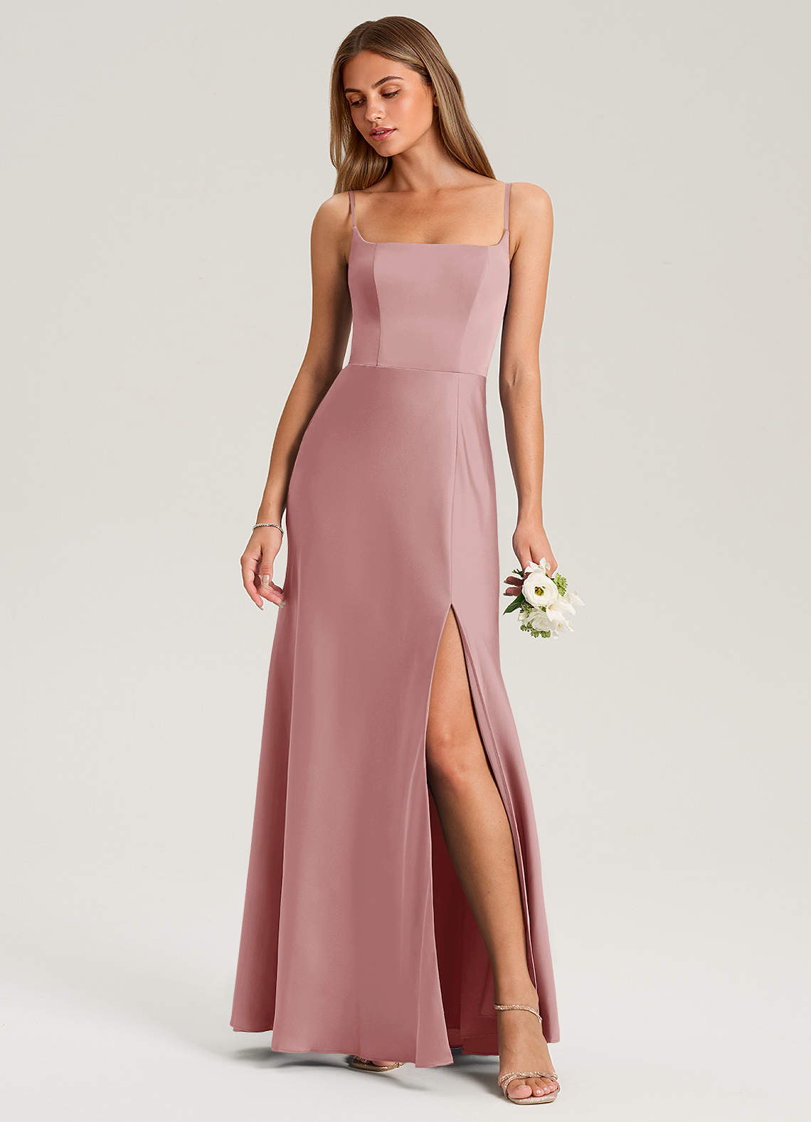 Azazie Lidia Robes de demoiselle d'honneur Robe Sirène en Satin extensible Fente Latérale Rose Poussiéreuse image1