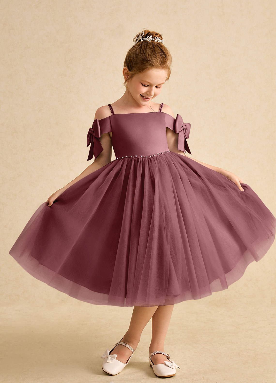 Azazie Amie Flower Girl Dresses Desert Rose A-Line Off the Shoulder Matte Satin Dress image1