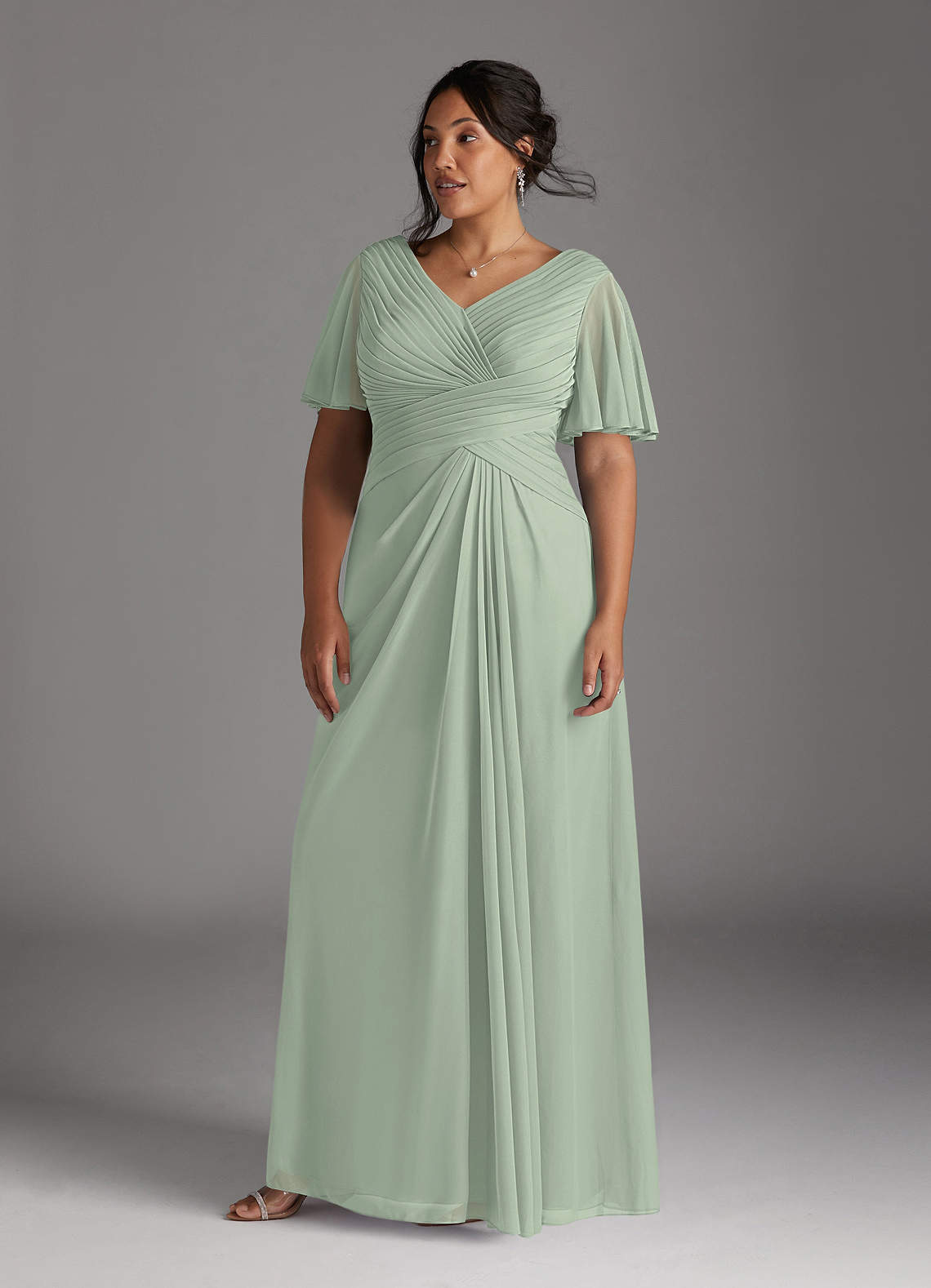 Azazie Emmeline Mother of the Bride Dresses Dusty Sage A-Line V-Neck Pleated Mesh Dress image6