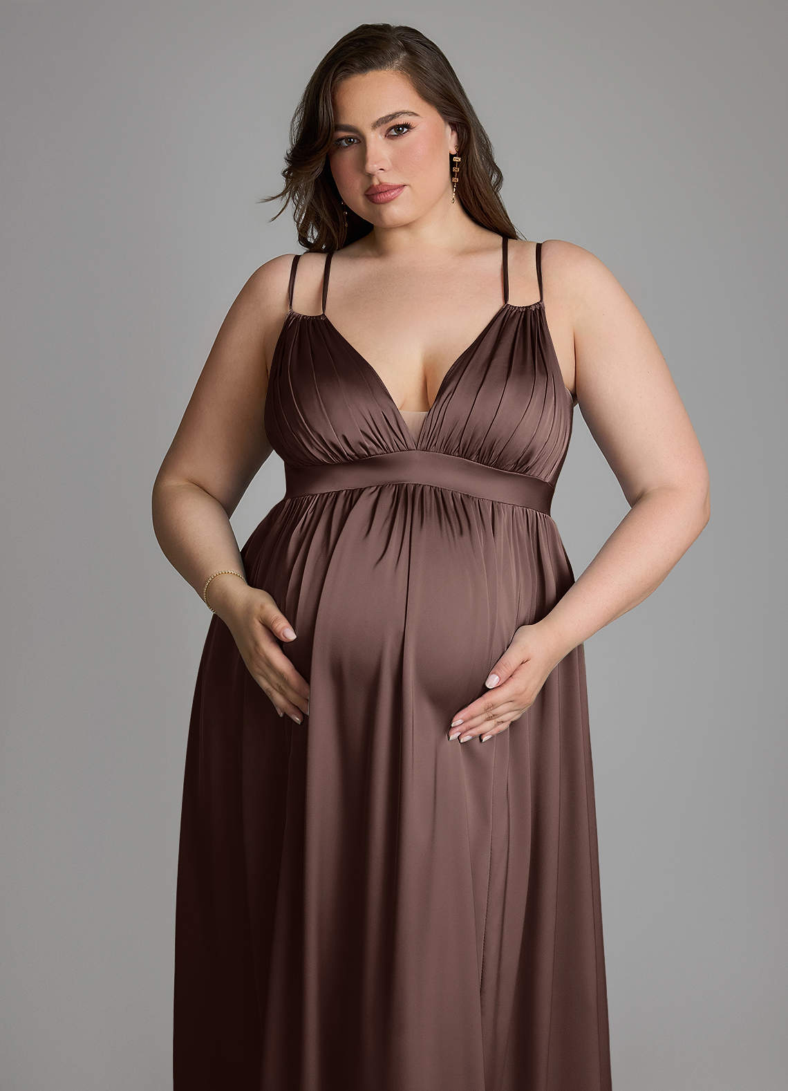 Azazie Emree Maternity Bridesmaid Dresses A-Line Stretch Satin Floor-Length Dress with Pockets image8