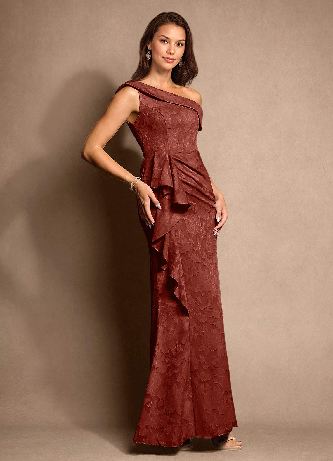 Azazie Hamptons vestidos de madre de la novia Vestido de Terracota de Devorado Floral de Corte En A con Plisado image3