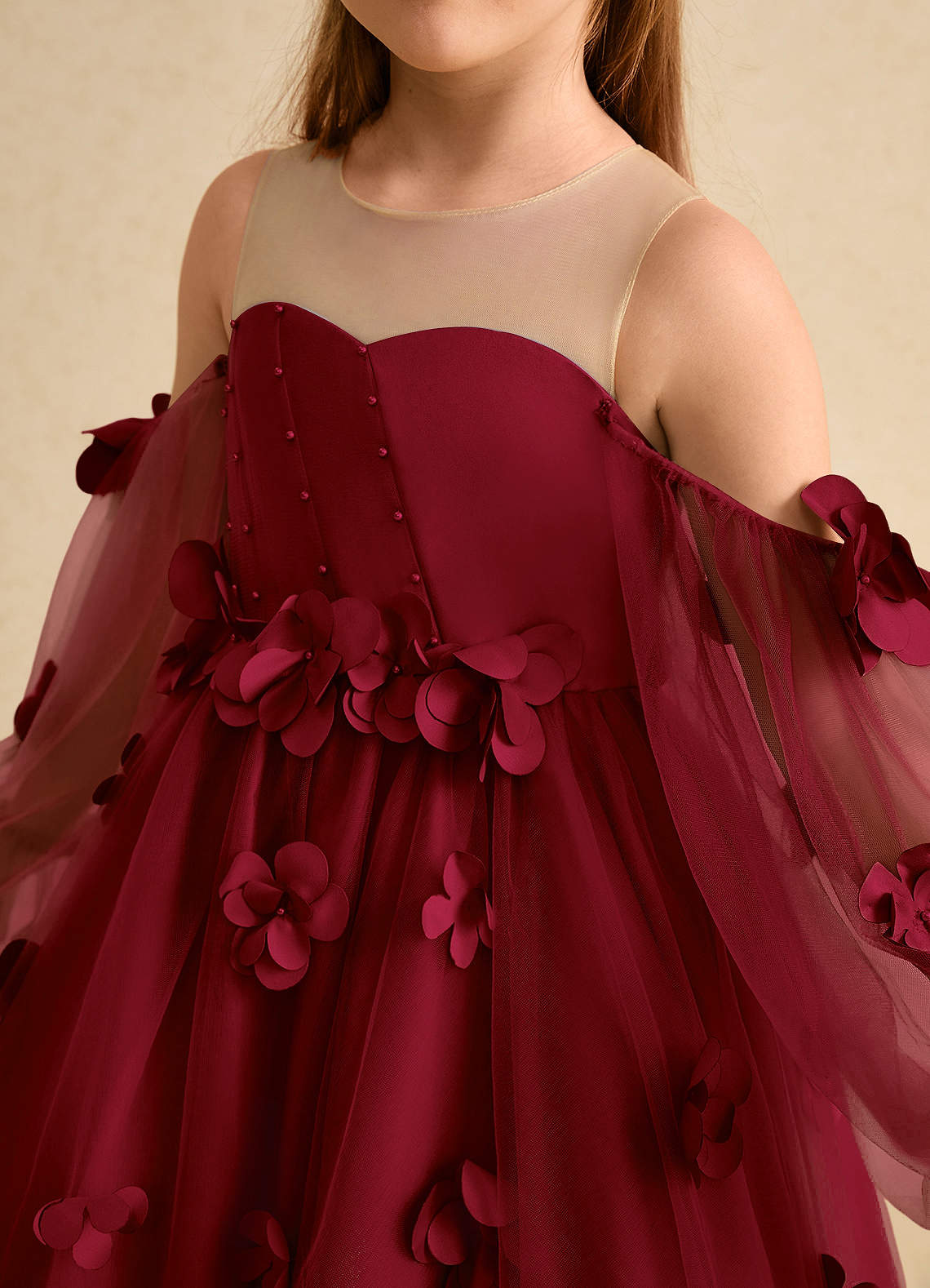 Azazie Karrie Flower Girl Dresses Burgundy A-Line with Sleeves Tulle Dress image6