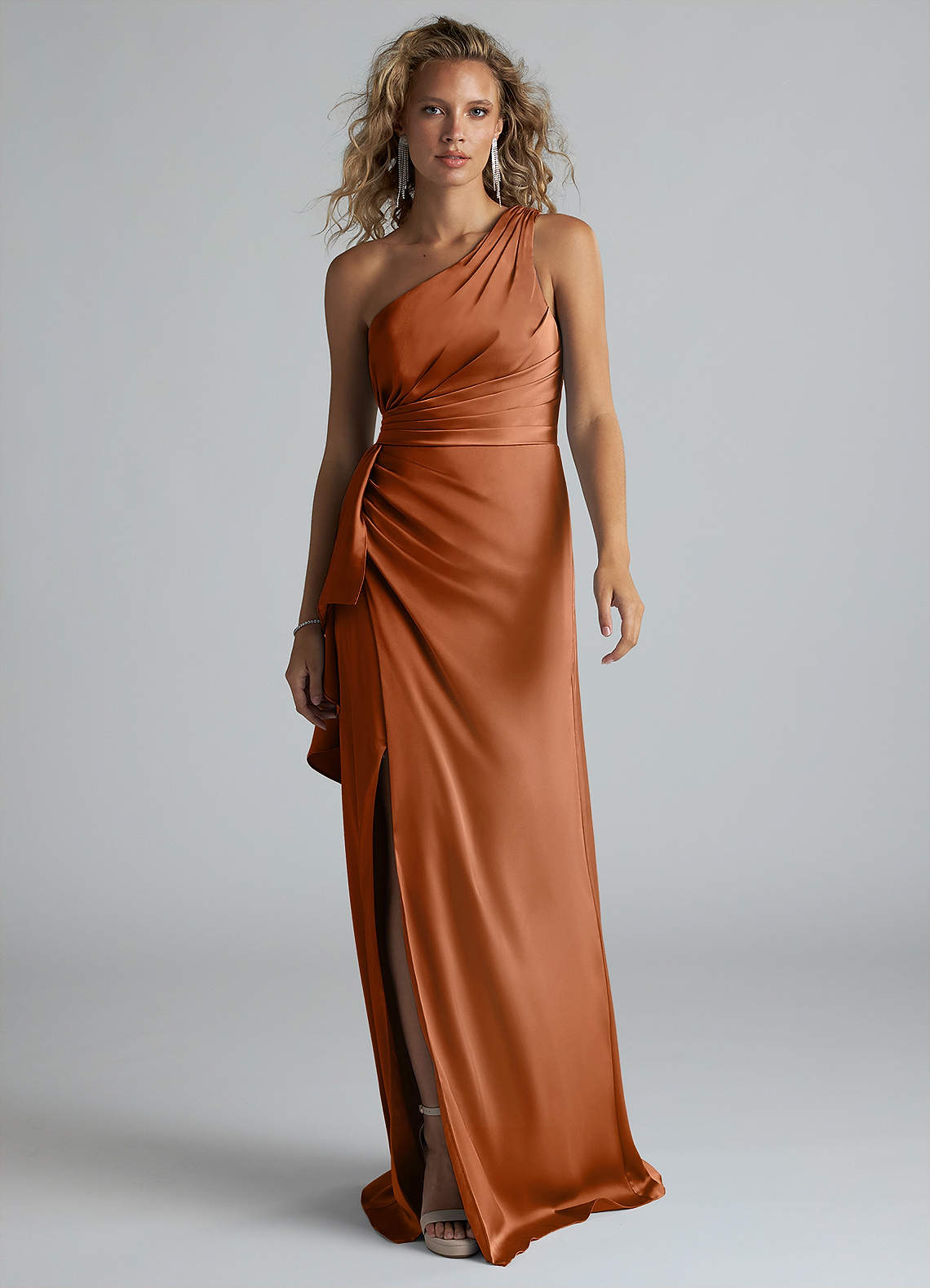 Azazie Maive Bridesmaid Dresses Copper Sheath Ruched Stretch Satin Dress image1